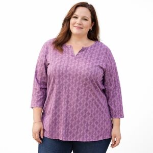 L.L. Bean 100% Supima Cotton Purple Geometric 3/4 Sleeve Top